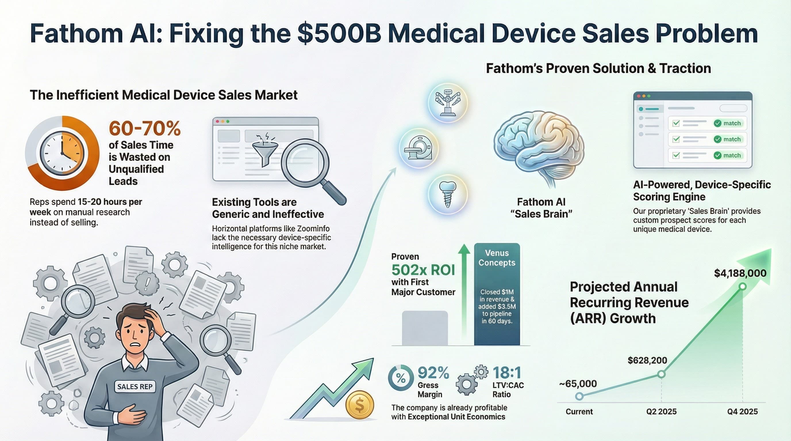 Fathom AI: Fixing the $500B Medical Device Sales Problem - Infographic showing 60-70% wasted sales time, ineffective tools, 502x ROI with Venus Concepts, and 92% success rate with 18:1 close ratio